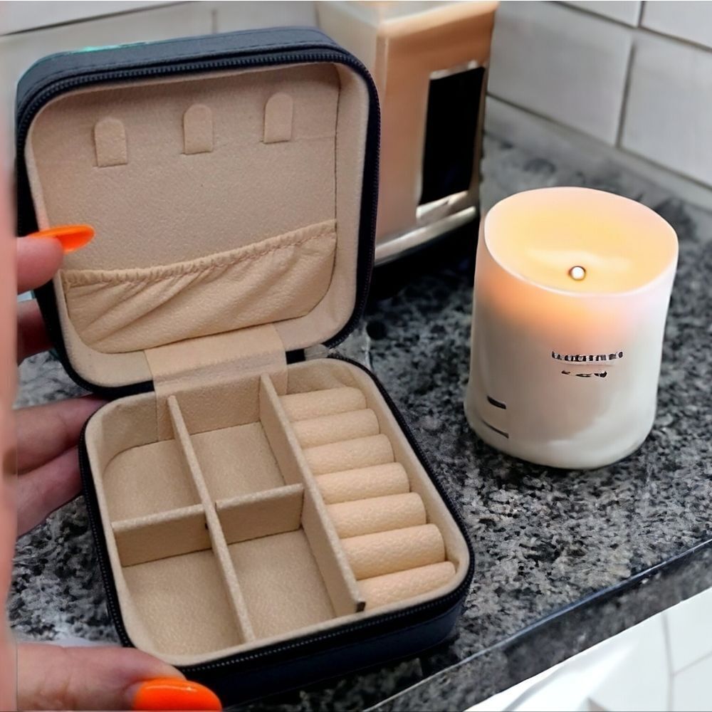 Black Travel Jewelry Box Faux Leather Zipper Organizer Case Mini Portable Square